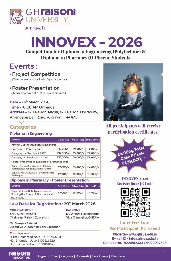 G H Raisoni University to Host INNOVEX 2026 Competition for Polytechnic and Pharmacy Students