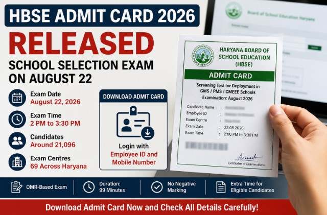 HBSE Admit Card 2026 Released for School Selection Screening Test; Exam on August 22
