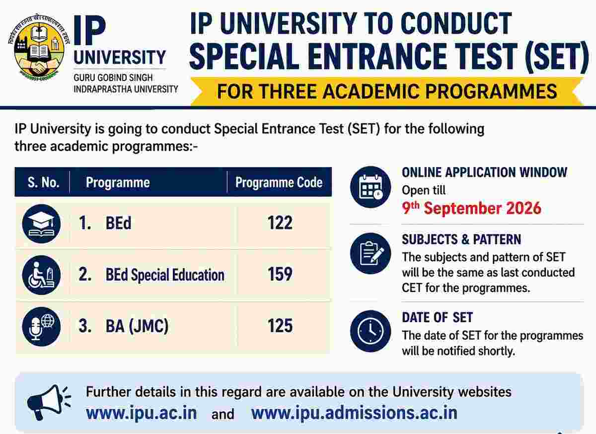IP University Announces Special Entrance Test for Three Programmes; Apply by September 9