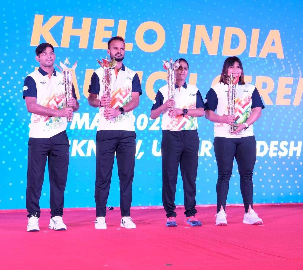 Anurag Singh Thakur and  Sh Yogi Adityanath launch the Khelo India University Games 2022  Logo, Mascot, Torch, Anthem & Jersey in Lucknow today